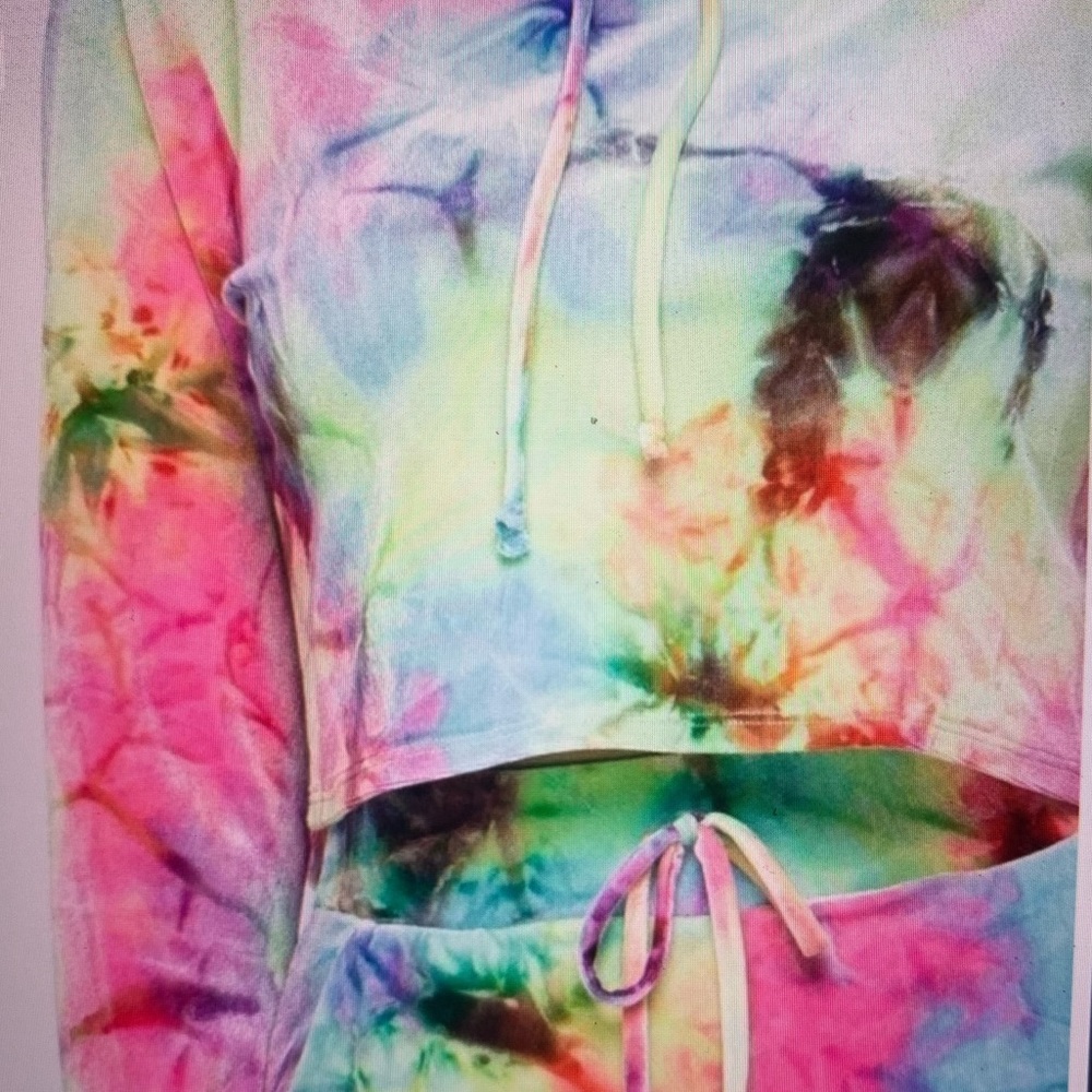Tie dye velvet crop long SLV hoodie w elastic waist pant set
